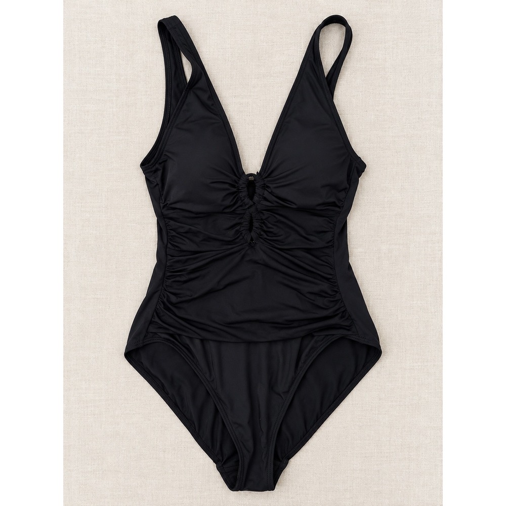 Lauren Ralph Lauren Black Ruched V-Neck One Piece Swimsuit Size 10